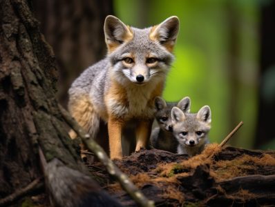 gray fox with cubs